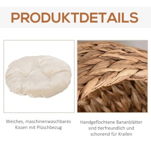 Details: PawHut Katzenkorb mit Kissen, Korb aus Bananenblättern, Kissen mit Plüschbezug.