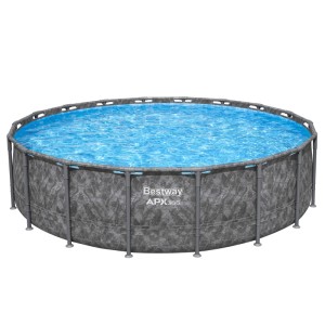 Runder Bestway APX365 Frame Pool mit dunklem Marmor-Design und blauem Wasser. Robuster Stahlrahmen, winterfest.