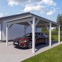 Holzbrüder Einzelcarport Ralf in Reinweiß mit dunklem Blechdach und Auto.