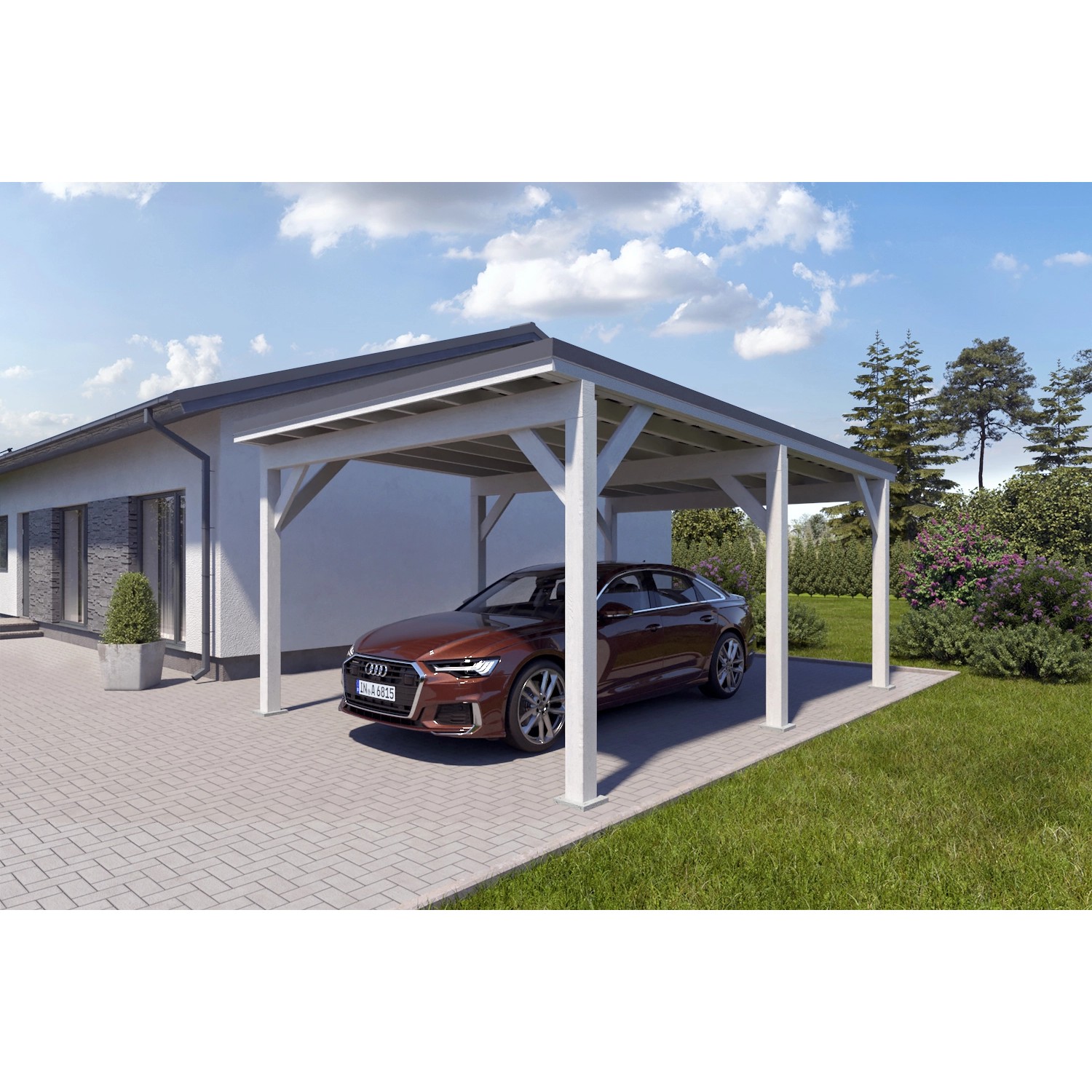 Holzbrüder Carport Ralf 24m² Reinweiß-Dunkelgrau günstig online kaufen