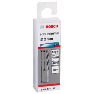 Bosch HSS-Spiralbohrer PointTeQ, 2mm, 10er-Pack im Kunststoffbehälter.