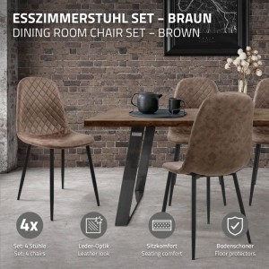 Modernes 4er Set brauner Esszimmerstühle aus Kunstleder mit Rautenmuster, schwarzen Metallbeinen und Bodenschonern.