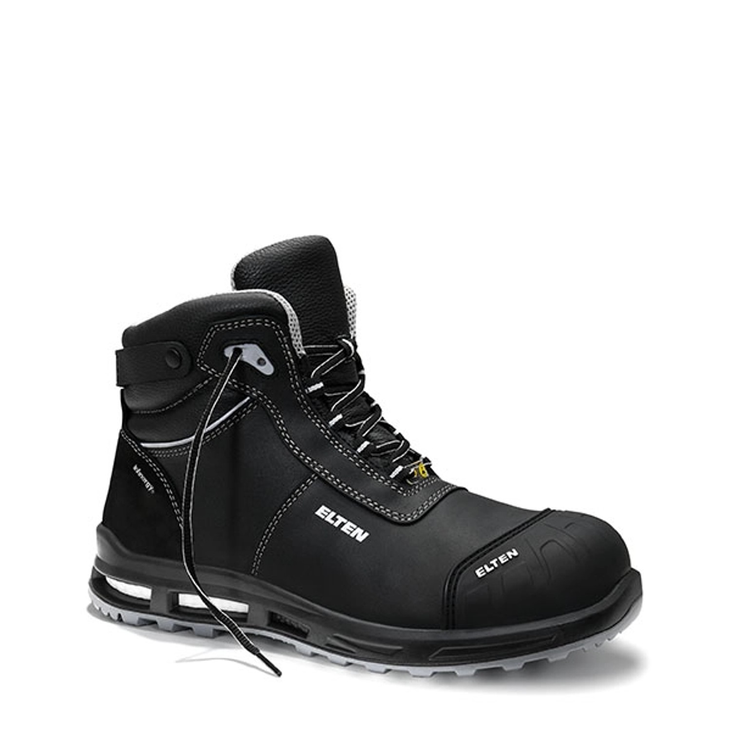 Schwarzer Elten Sicherheitsstiefel Reaction XXT Pro RFID Mid ESD S3, Größe 47, aus Leder.