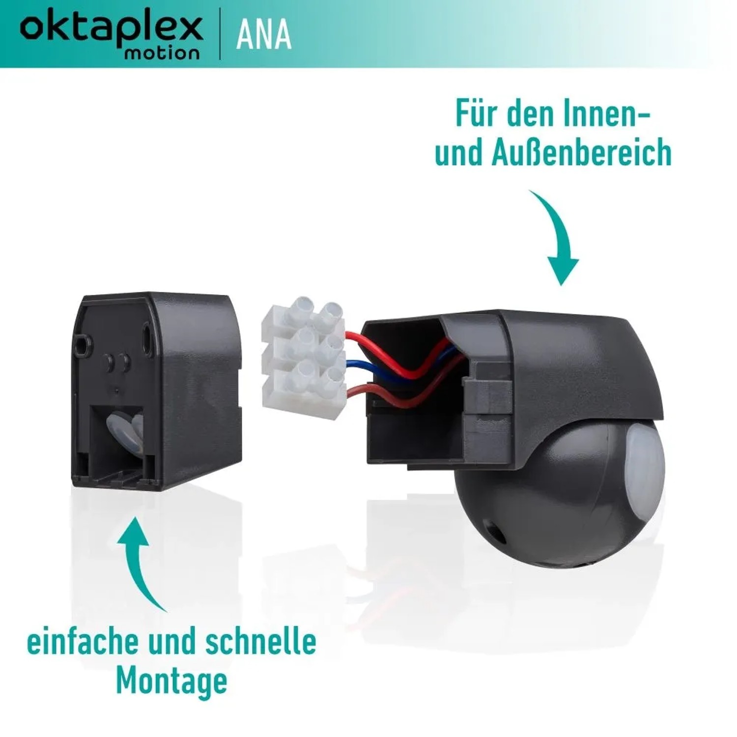 Oktaplex Ana Bewegungsmelder, 180° Erfassung, 12m Reichweite, anthrazit, für Innen- und Außenbereich.