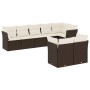 Braune 8-tlg. vidaXL Garten-Sofagarnitur aus Poly Rattan mit cremeweißen Kissen.