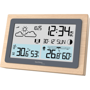 Digitale technoline Wetterstation WS 6785 mit braunem Holzrahmen. Zeigt Temperatur, Luftfeuchtigkeit, Uhrzeit & Wettervorhersage.