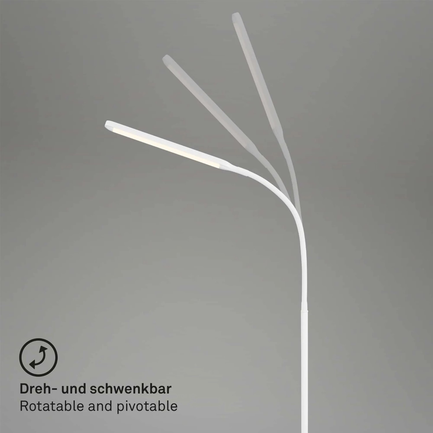 Weiße, schwenkbare Brilo LED Stehleuchte Pivaz mit Touchdimmer für flexible Beleuchtung.