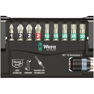 Wera Bit-Set Bit-Check 10 Stainless, 10-teilig, mit Edelstahl-Bits und Rapidaptor-Halter.