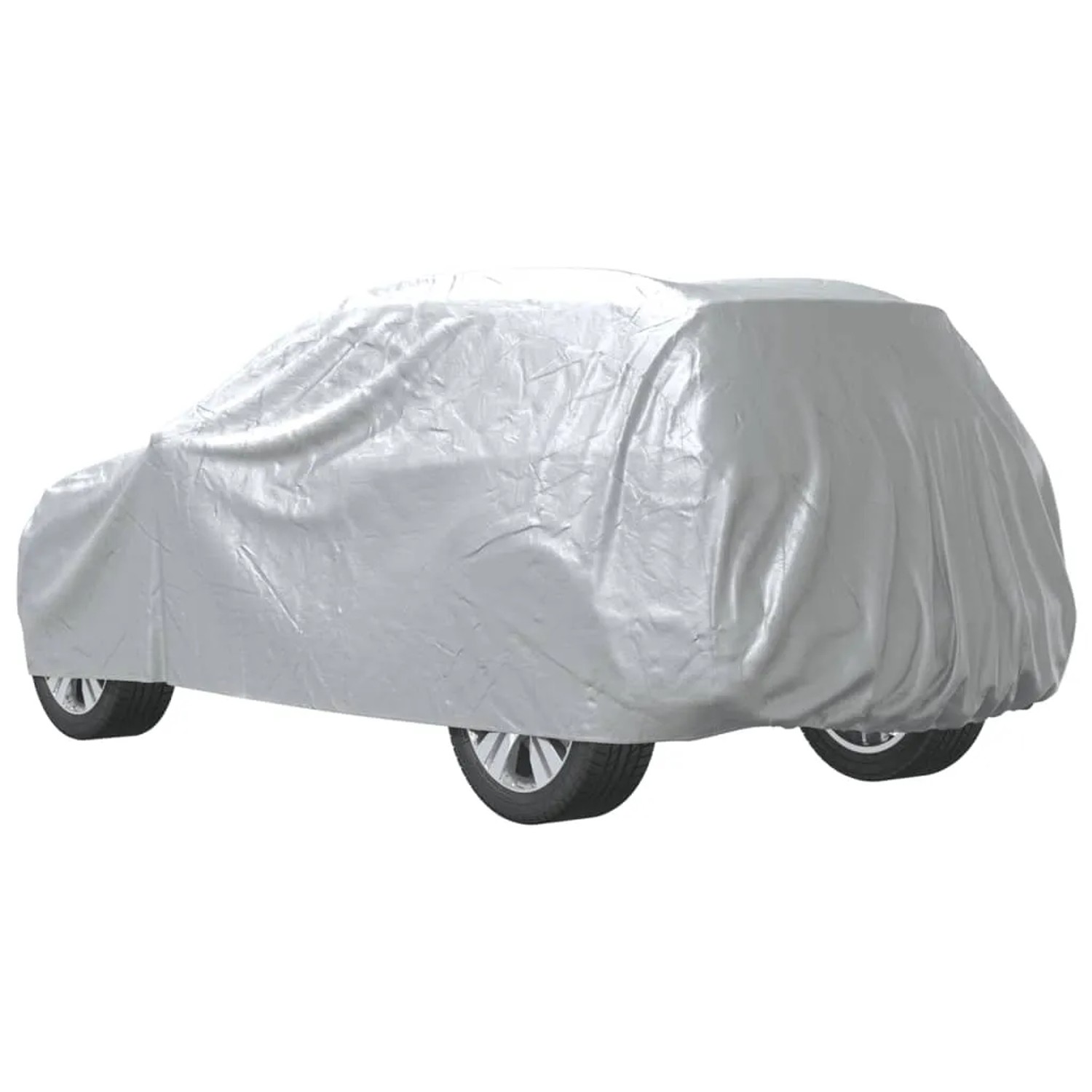 Silberne Autoabdeckung für SUV, Größe M, mit Schnallenriemen zum Schutz vor Witterungseinflüssen.