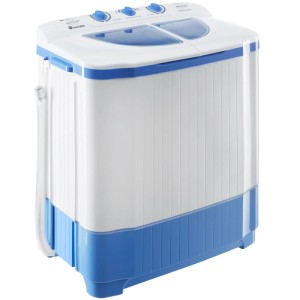 Tectake Mini-Waschmaschine mit Schleuder, zwei Kammern, 4,5 kg Waschen, 3,5 kg Trocknen, weiß-blau.