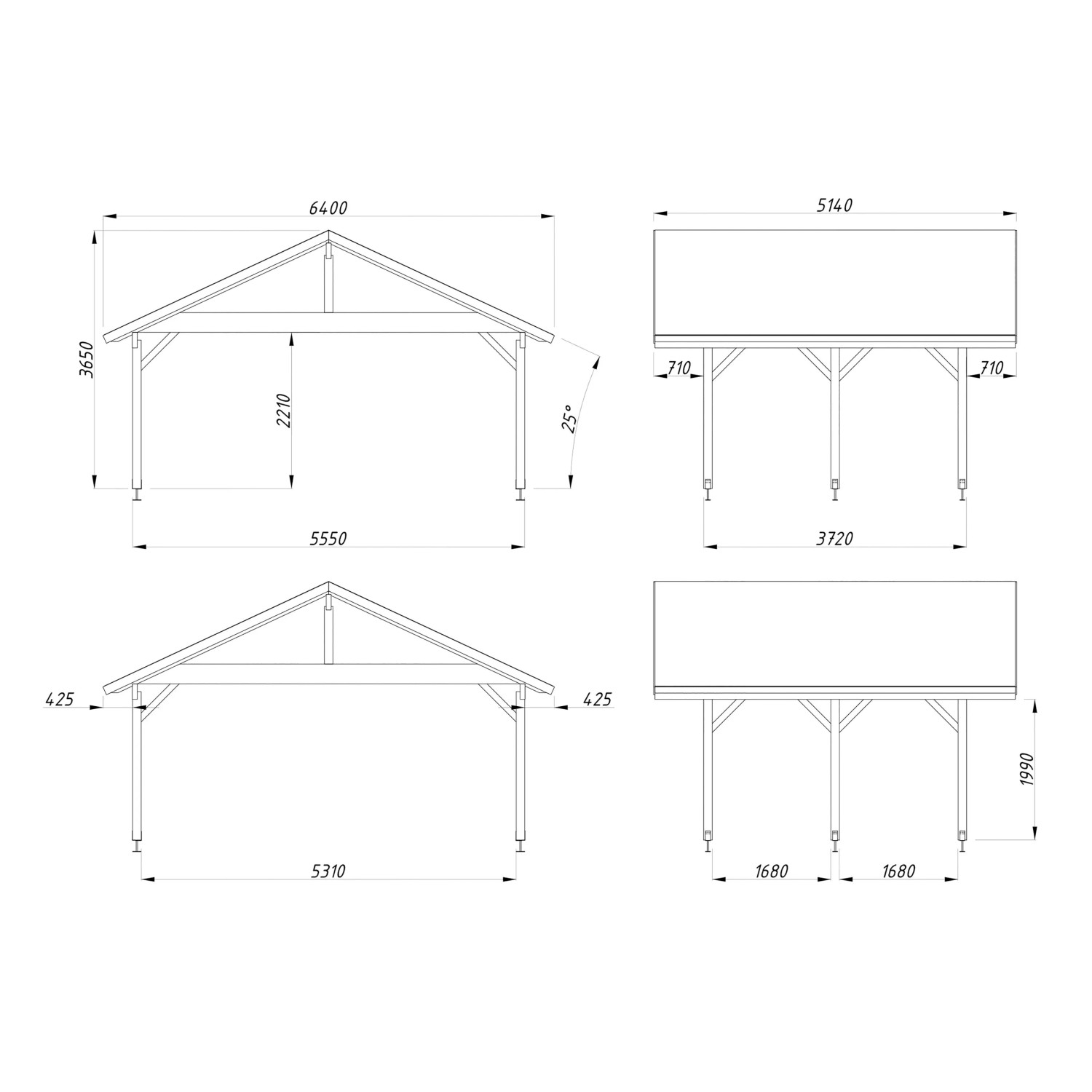 Technische Zeichnung: Palmako Doppelcarport Robert, Holz, braun, Maße und Ansichten.