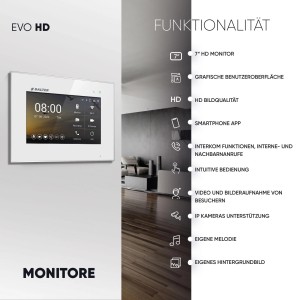 Balter EVO-HD Video-Türsprechanlage mit 7-Zoll-Monitor, App-Steuerung für Vierfamilienhaus, Weiß-Schwarz.
