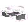 vidaXL 13-tlg. Garten-Sofagarnitur, schwarzes Poly Rattan mit Kissen, Maße eingezeichnet.