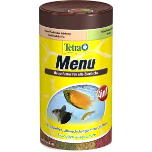 Tetra Menu 250ml Flockenfutter für Zierfische, mit verschiedenen Flocken für eine ausgewogene Ernährung.