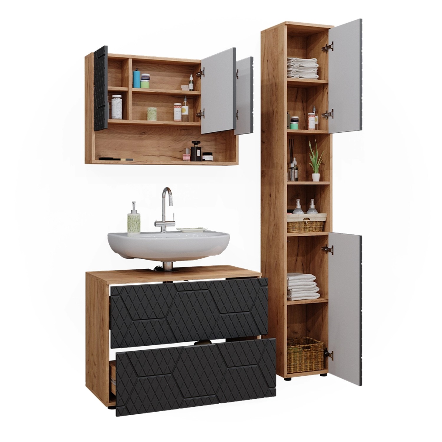 Vicco Badmöbel-Set Irma in Goldkraft Eiche/Anthrazit mit Spiegelschrank (80 cm).