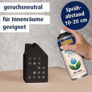 Belton Free AQUAcolours Buntlack Tiefschwarz matt, mit Farbbeispiel eines Hauses.