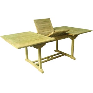 Rechteckiger Lex Teak Ausziehtisch, 180 cm, in heller Holzfarbe, beim Ausziehen. Ideal als Gartentisch.