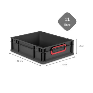 Schwarze PROREGAL Eurobox 11L mit rotem Griff, Kunststoff Aufbewahrungsbox, 30x40x12cm.