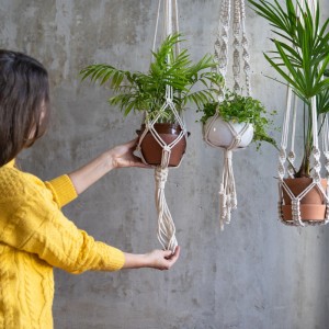 Frau hält Makramee Blumenampel mit grüner Pflanze. Zeigt kreatives Gestalten mit dem Makramee Set aus Baumwolle und Buchenholz.