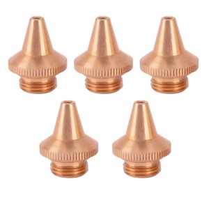 Fünf kupferfarbene STAHLWERK Schneiddüsen M8x1,5mm für Laser-Schweißgeräte, konisch geformt.