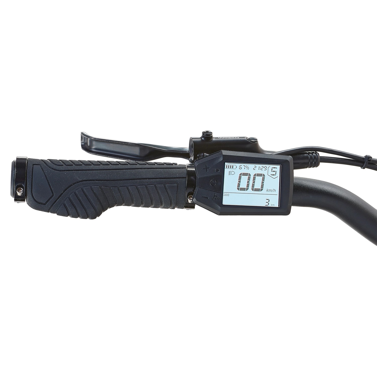 Detailaufnahme: Lenker und LCD-Display des Prophete Trekking E-Bike Entdecker 2.0, schwarz matt.