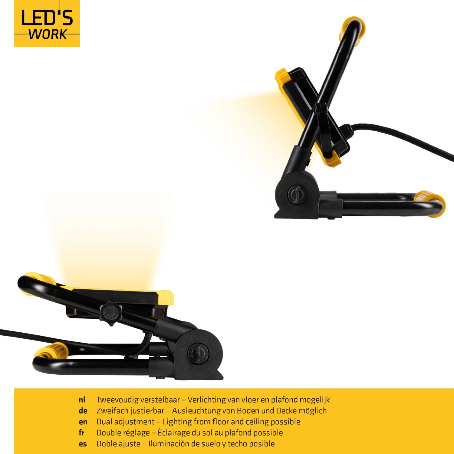 LED's Work LED-Baustrahler, schwarz-gelb, kompakt und faltbar für flexible Ausleuchtung.