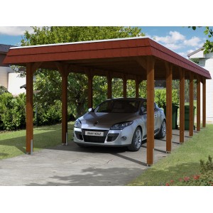 Skan Holz Einzelcarport in Nussbaum mit Auto. Holzcarport mit Flachdach und Regenrinne.