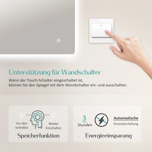Emke Badspiegel mit LED-Beleuchtung, Touchschalter und Wandschalter-Unterstützung.