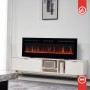 Kaminio Elektrokamin Marlon 3in1, 60 Zoll, mit 3D-Flammeneffekt auf weißem Lowboard.