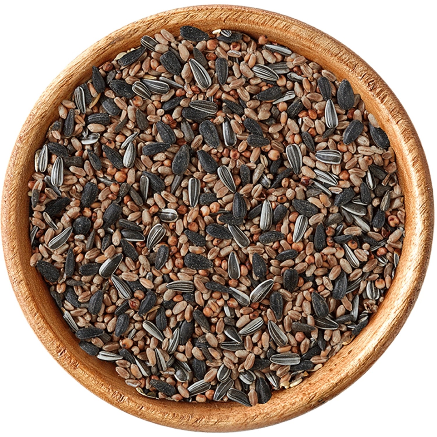 Streufutter für Wildvögel im Holzeimer, mit Sonnenblumenkernen und Getreide.