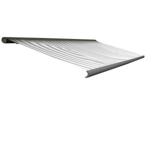 Elektrische Kassettenmarkise, 4x3m, grau/weiß gestreift, grauer Rahmen.