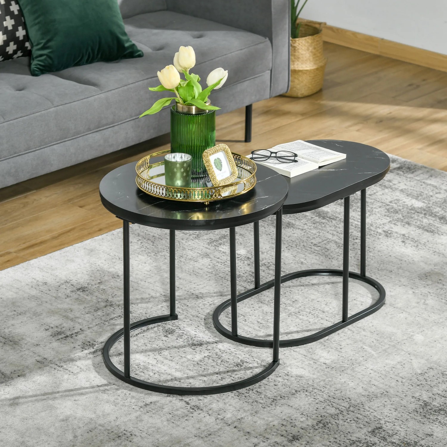 HOMCOM Couchtisch schwarz 2er Set Rund Oval Stapelbar MDF Stahl Ø50 cm kaufen bei OBI