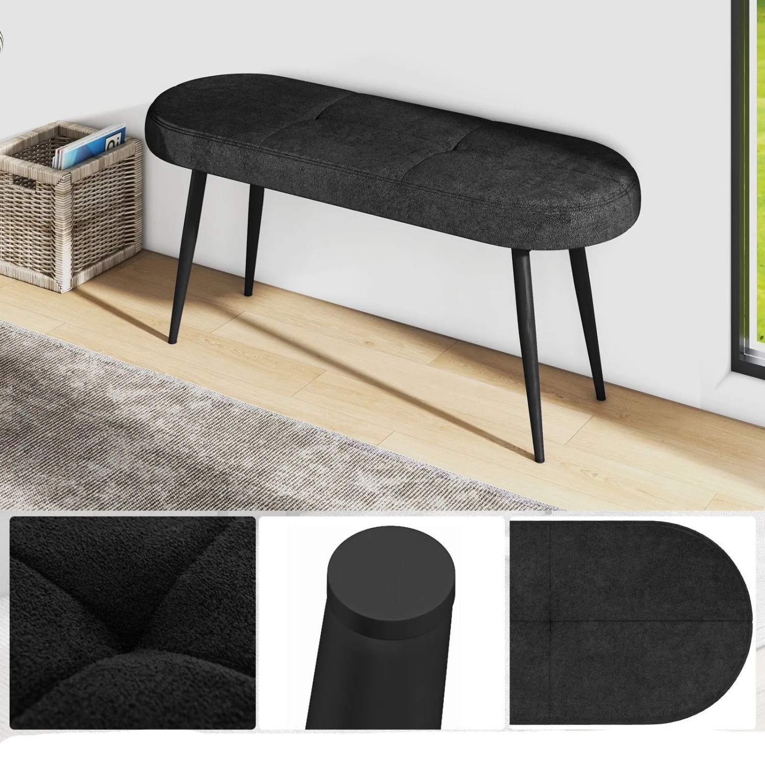 Schwarze Costway Sitzbank mit Kissen und Metallbeinen, 113 cm lang. Gepolsterte Bank für Schuhschrank oder Flur.
