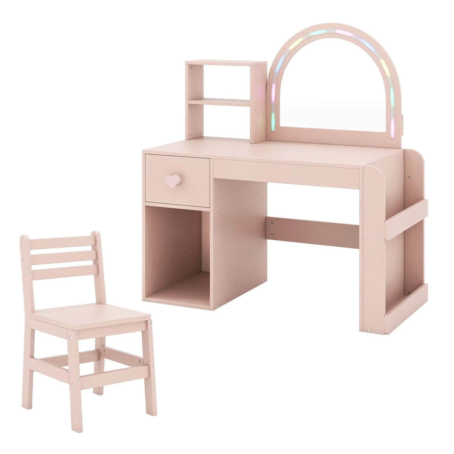 Costway 2 In 1 Kinder Schminktisch mit Led & Buntem Spiegel Rosa