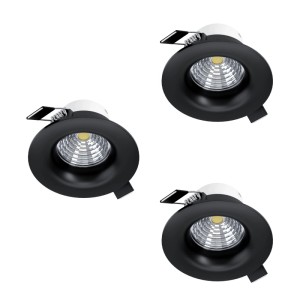 Drei schwarze, runde EGLO LED-Einbauleuchten, dimmbar, aus Aluminium. Ideal für Deckenmontage.