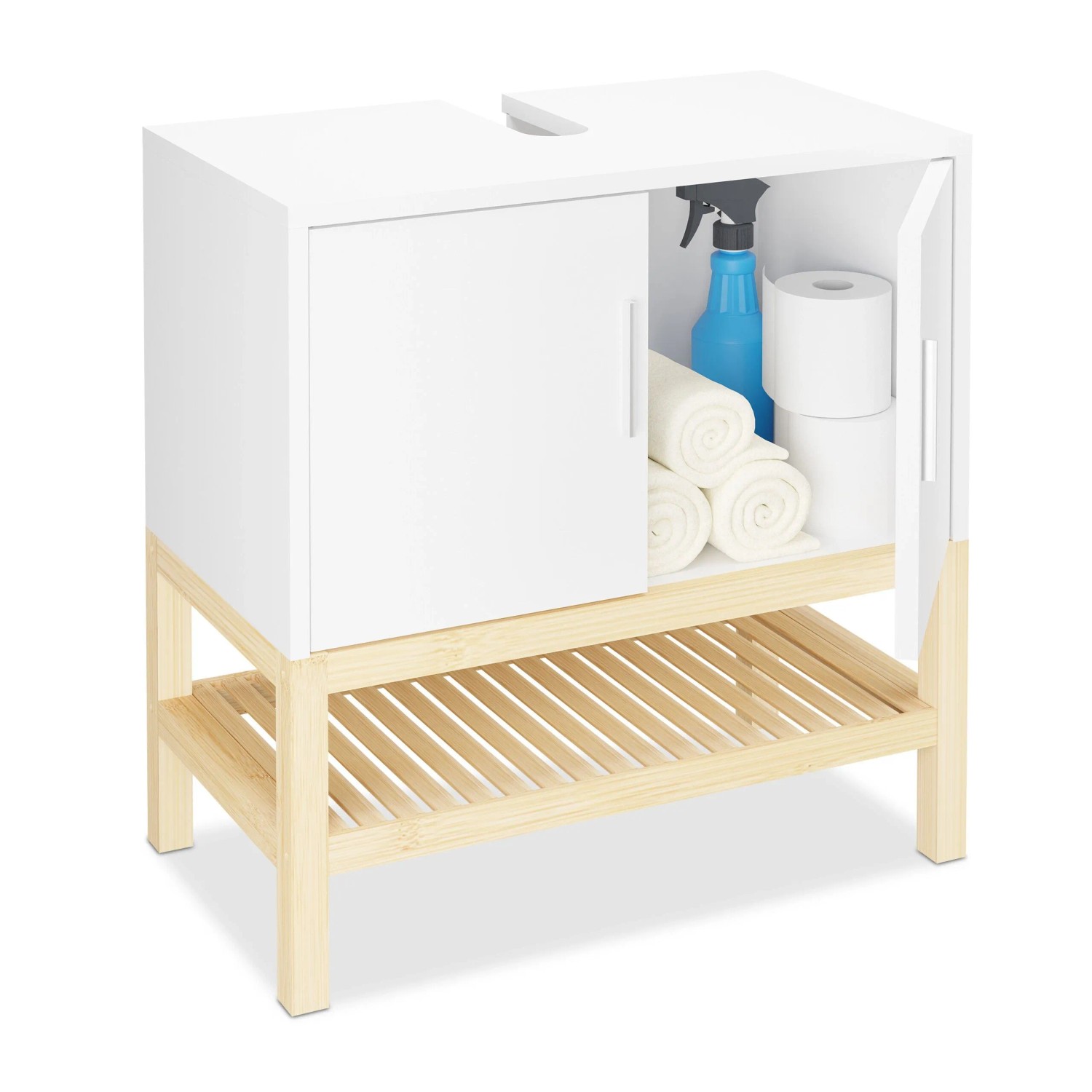 Relaxdays Waschbeckenunterschrank Bambus MDF Weiß Natur mit Ablage mit Siphon-Aussparung 60,5 cm x 60 cm x 33 cm 10,4 kg