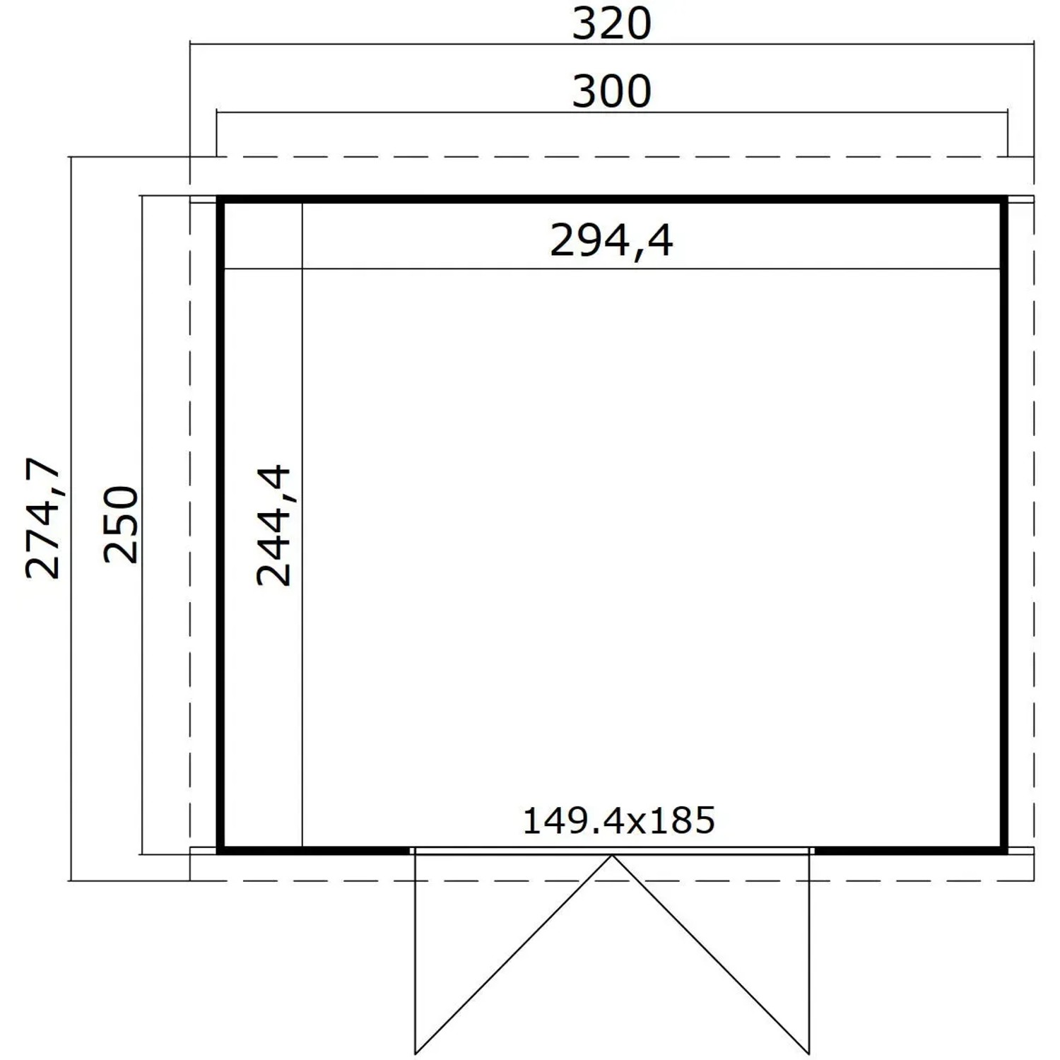 Grundriss des Lasita Holz-Gartenhauses Zambezi 6, 320x274,7 cm, lichtgrau. Abmessungen und Türposition.