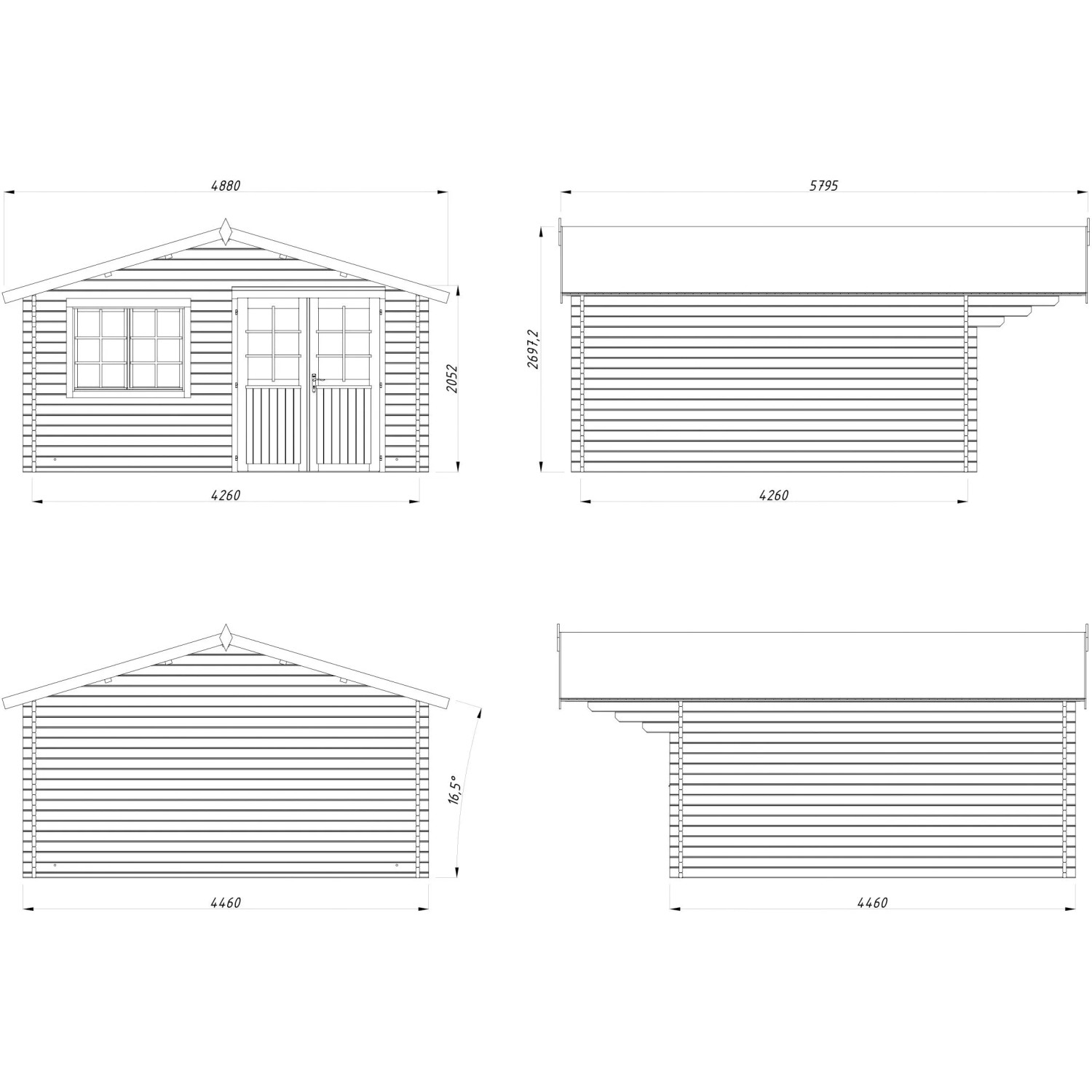 Technische Zeichnung Palmako Gartenhaus Britta 426x426 cm, lackiert grau-weiß, Maße und Ansichten.