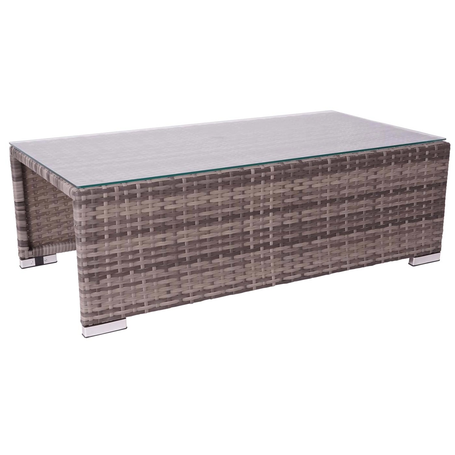 Grauer Poly-Rattan Lounge-Tisch mit Glasplatte, Teil der 6-teiligen MCW Garnitur J36.