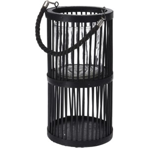 Schwarze Bambus Laterne (Ø 16 cm x 30 cm) mit Seilgriff und Glaszylinder.