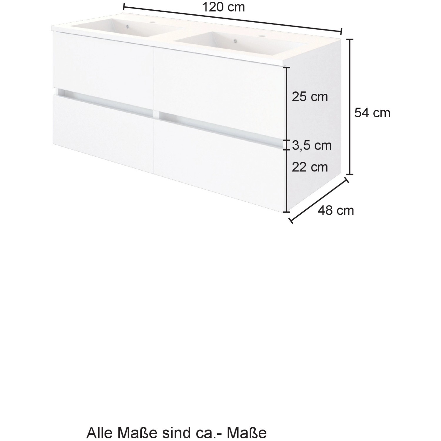 Held Möbel Doppelwaschtisch Bari, 120 cm, Weiß Matt, mit Maßangaben. Badmöbel für das Badezimmer.