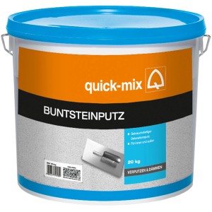 Eimer Quick-Mix Buntsteinputz Grau-Weiß, Körnung 1-1,5 mm, 20 kg. Dekorativer, witterungsbeständiger Putz.