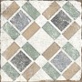 Quadratische, matte Bodenfliese aus Feinsteinzeug mit Muster in Beige, Grau und Grün, 20x20 cm.