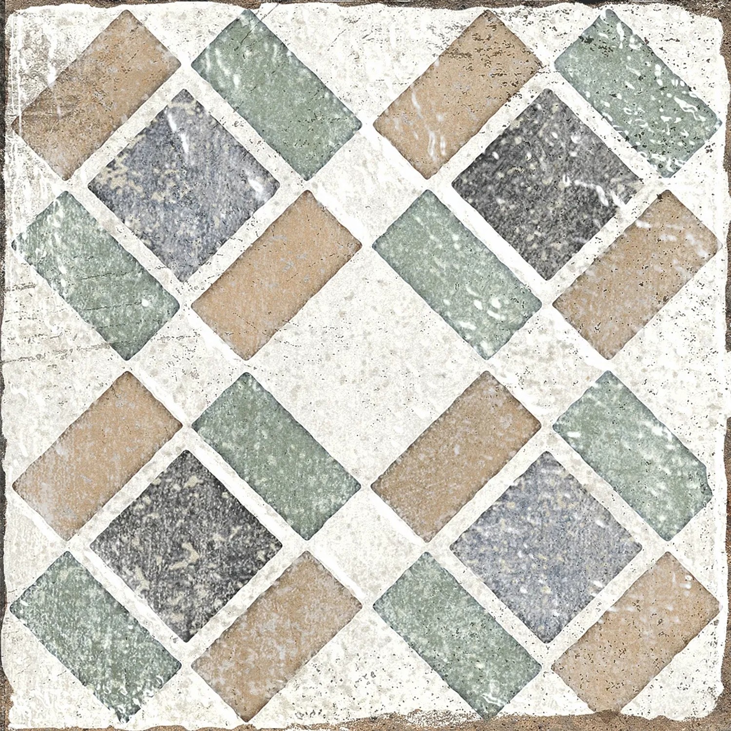 Quadratische, matte Bodenfliese aus Feinsteinzeug mit Muster in Beige, Grau und Grün, 20x20 cm.