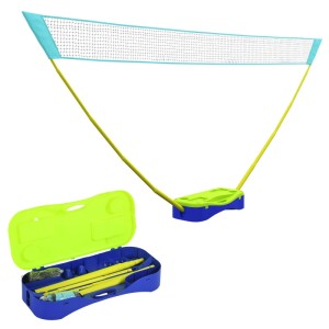 SPORTNOW Badminton-Set aus blauem Kunststoff mit gelben Stangen und weißem Netz, daneben die offene Tragetasche. Höhenverstellbar für Spiel & Spaß.