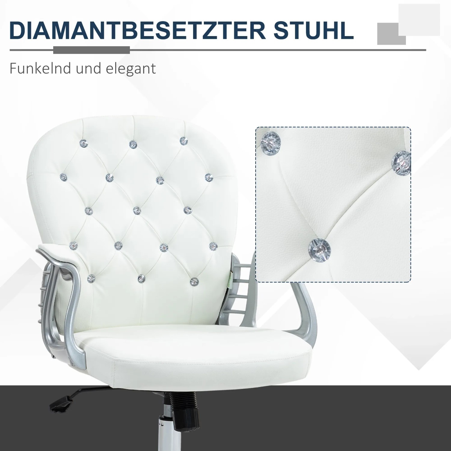 Weißer Vinsetto Bürostuhl mit Knopfheftung und Strasssteinen, ergonomisch und höhenverstellbar.