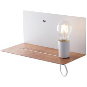 Moderne Wandleuchte Flash in Weiß/Holzoptik mit USB-Anschluss und Ablagefläche.