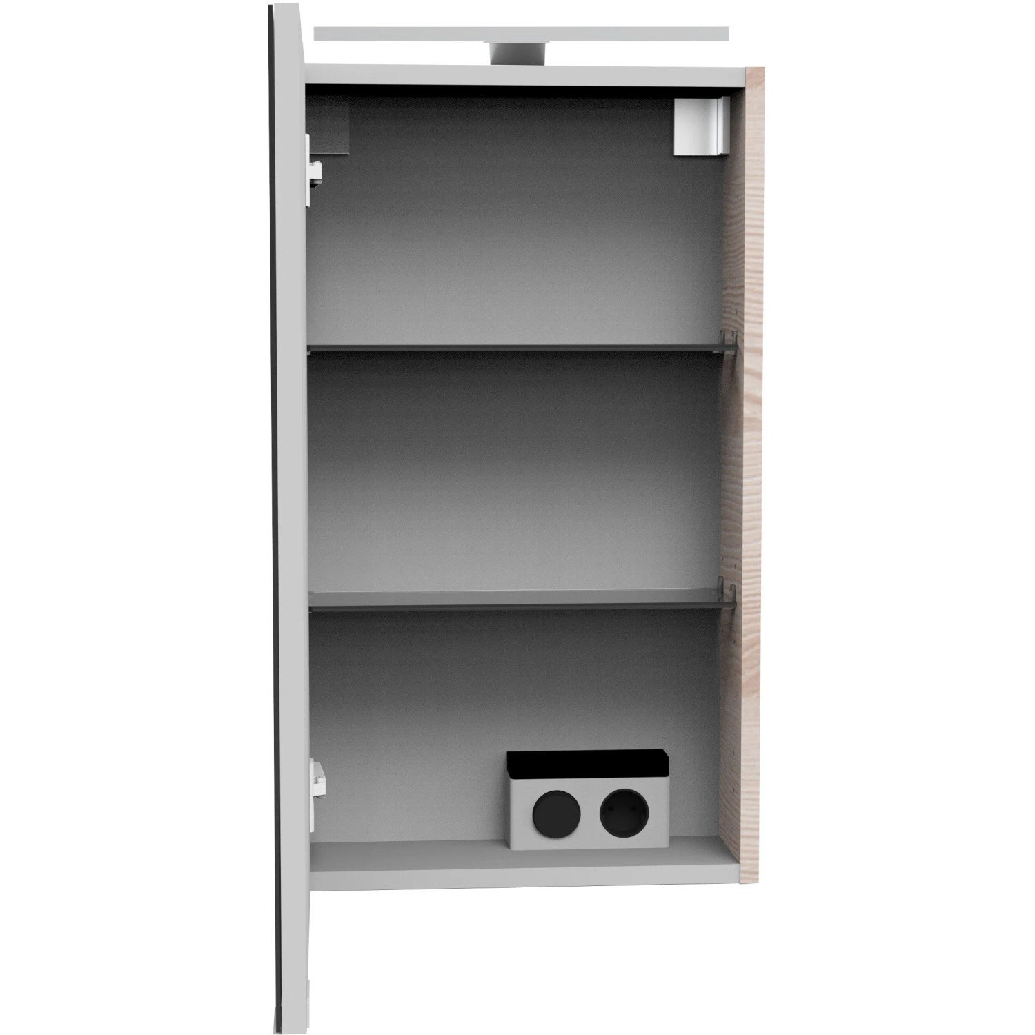 Fackelmann Spiegelschrank SBC Alaska Esche, 40 cm breit, mit zwei Einlegeböden und offener Tür.