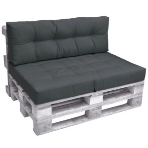 Graphitgraues Palettenkissen-Set für Sitz & Rücken, auf Europaletten. Komfortable Gartenstuhlauflage für Indoor & Outdoor.