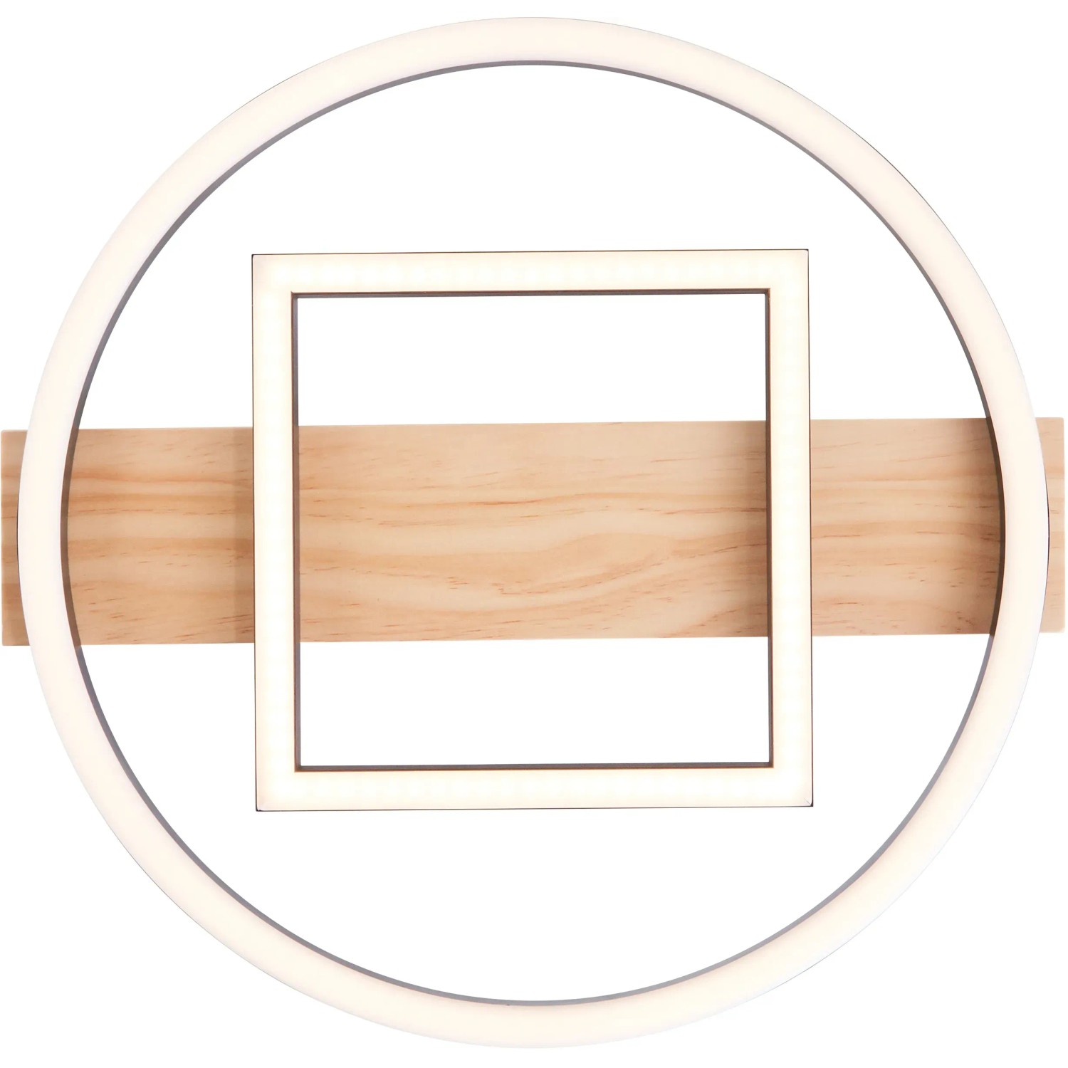 Moderne LED-Deckenleuchte Maureen mit Holz und geometrischen Formen (Kreis, Quadrat).